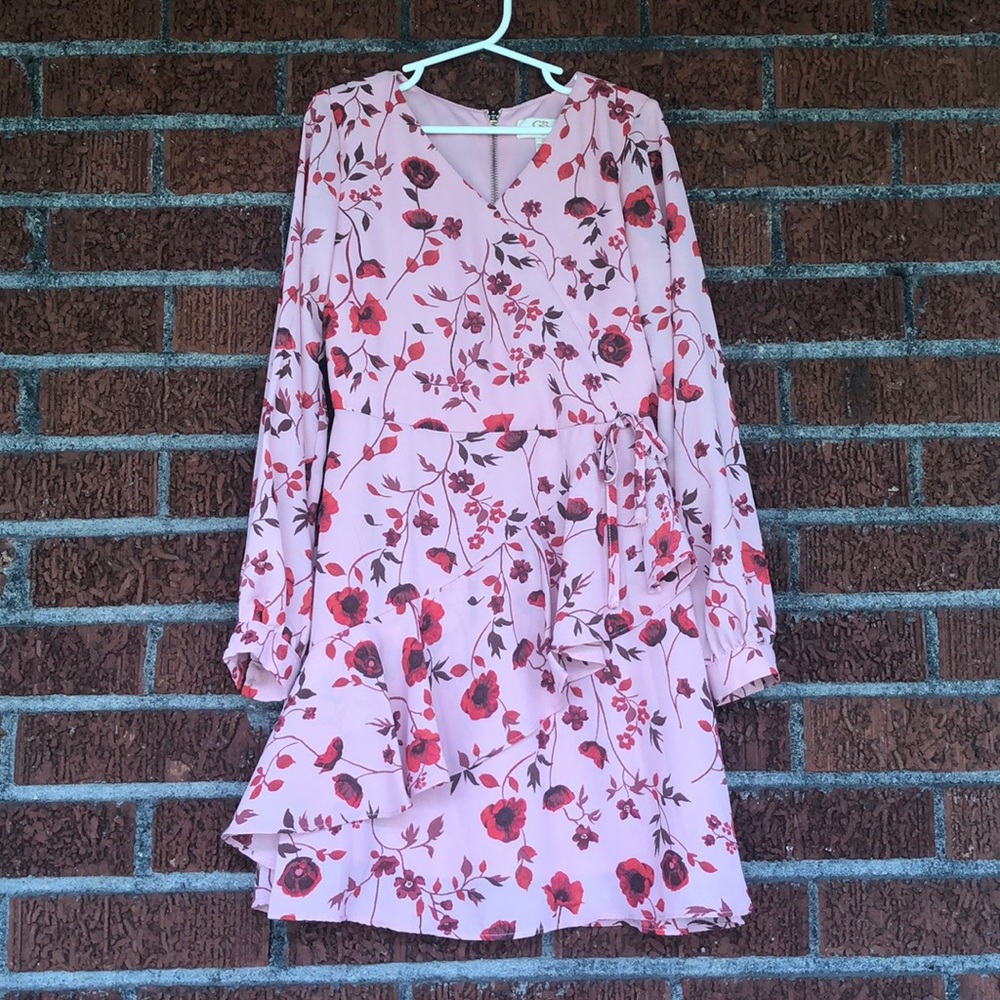 GB GIRLS PINK FLORAL LONG SLEEVE FAUX WRAP DRESS